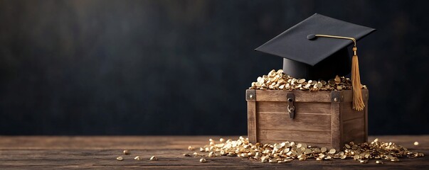 A graduation cap placed atop a wooden treasure chest filled with shimmering gold representing the valuable rewards and opportunities that education can unlock for one s future success and prosperity