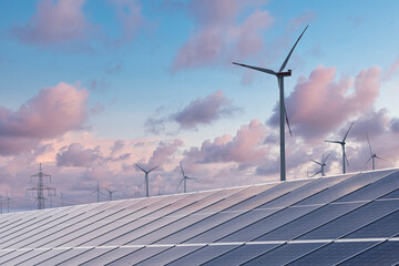Solaranlage und Windräder bei Sonnenuntergang