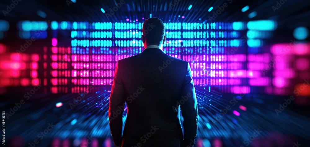 Poster Human Resources Analytics concept. A figure in a suit stands before a vibrant digital display, immersed in a world of colorful data and technology.