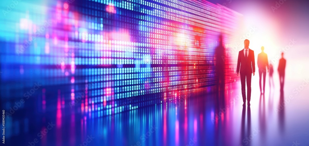 Poster Human Resources Analytics concept. A vibrant digital scene featuring silhouettes of people walking towards a colorful, illuminated backdrop with abstract patterns.