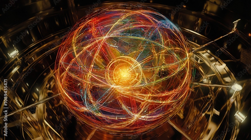 Poster a glowing interconnected global sphere covered by a network of quantum circuits and icons representi