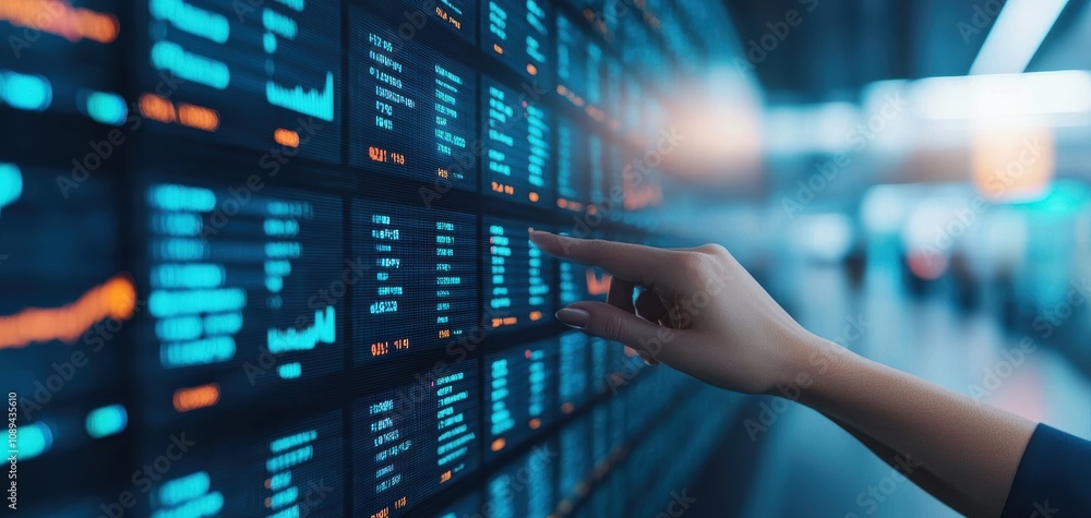 Poster Human Resources Analytics concept. A person interacts with a digital display showing data charts and metrics, suggesting analysis or monitoring of financial or technological information.