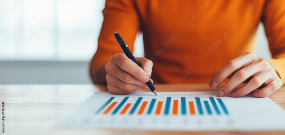 Poster human resources analytics concept. a person in an orange sweater is analyzing a chart with colored b