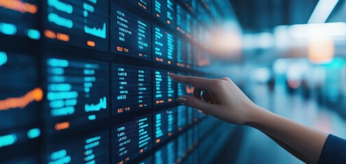 Human Resources Analytics concept. A person interacts with a digital display showing data charts and metrics, suggesting analysis or monitoring of financial or technological information.