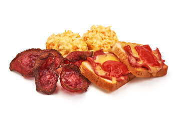 Obraz premium Assorted breakfast plate with crispy sausages slices, cheesy toasts, isolated on white background.