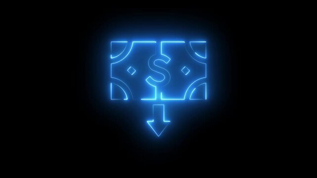 Glowing neon line Dollar rate decrease icon, Online trading, stock market analysis, business and investment,Cost reduction. Money symbol with down arrow. Business lost crisis decrease.