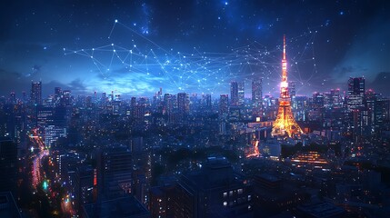 Obraz premium A wide shot of Tokyo at night city lights glowing