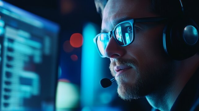 Tech savvy professional working late at night urban office candid shot modern workspace intense focus on screen