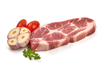 Chilled pork buston butt steak, isolated on white background.