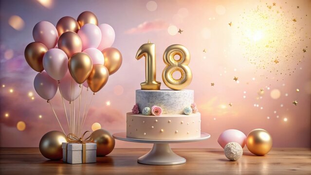 Celebratory Eighteen  A two-tiered cake adorned with golden balloons and confetti, a perfect centerpiece for a momentous occasion.