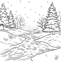 Fototapeta premium A snowy landscape with a frozen river, coloring page for kids, simple outline illustration. Coloring book, simple lines.