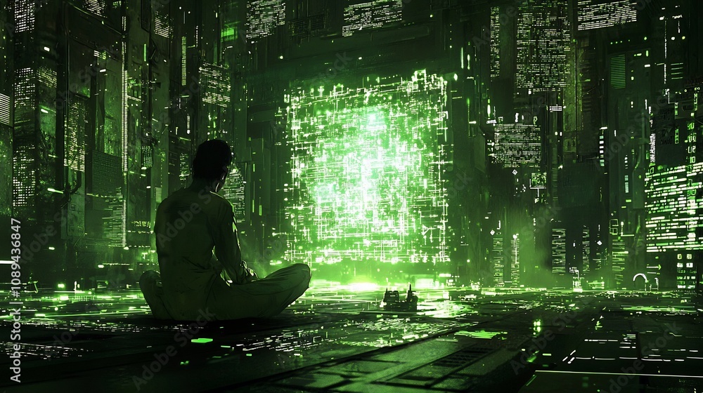 Poster a lone hacker sits in a dark mysterious room captivated by a luminous glowing quantum data hologram 