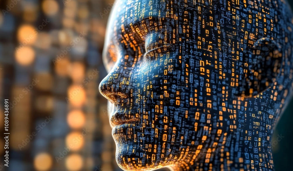Poster digital representation of a human face covered in binary code.