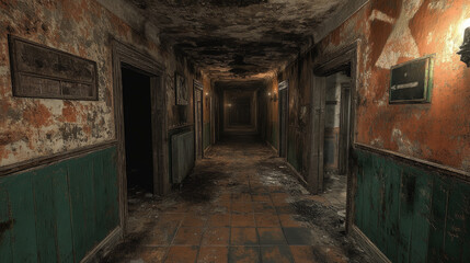 Fototapeta premium Abandoned Asylum Hallway, With Cracked Walls, Flickering Lights, And Shadows Lurking At The Edges, Evoking Feelings Of Dread And Suspense