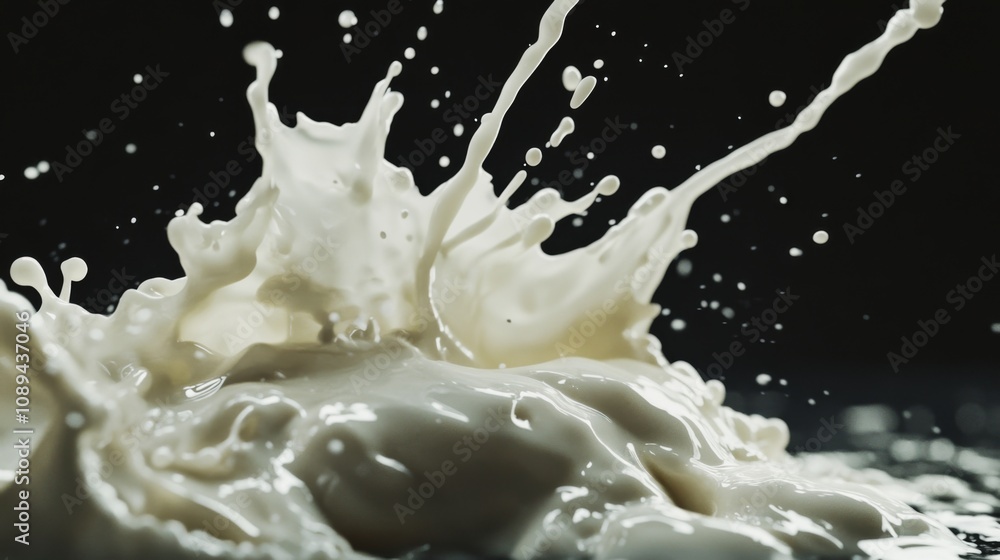 Poster dynamic milk splash action studio high-speed photography dark background close-up fluid motion conce