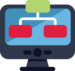 This colorful vector graphic shows a site map being displayed on a desktop computer screen, perfect for illustrating concepts like web development