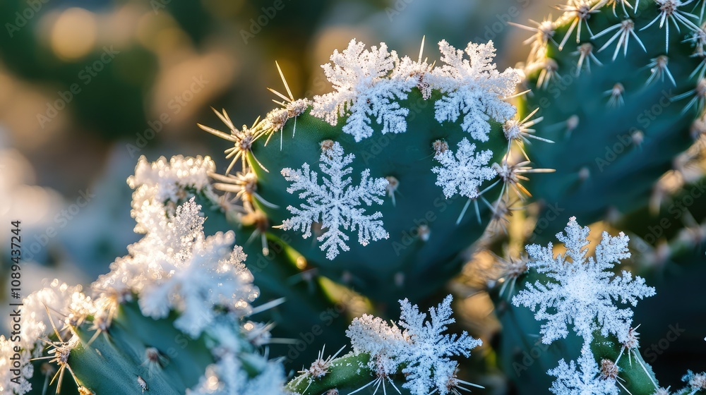 Poster close-up of snowflakes resting on the spines of desert cacti, creating a unique winter scene