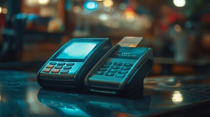 Payment processors in action at a busy cafe technology focus urban environment close-up view financial transactions