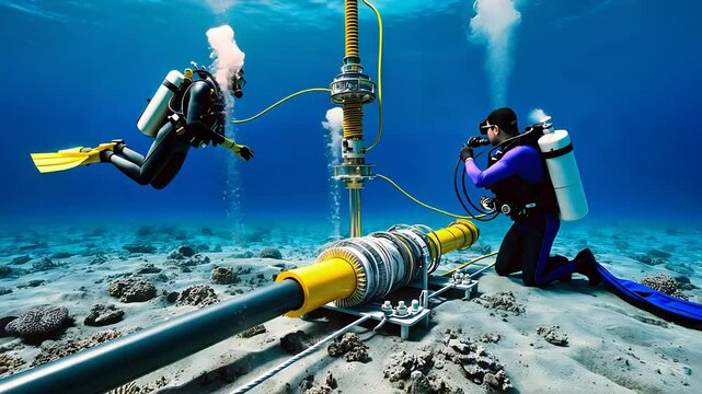 Divers Working on Underwater Engineering Project with Equipment

