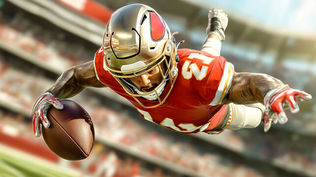 Stunning catch by American football player diving into the end zone with precision and skill during a high-energy game