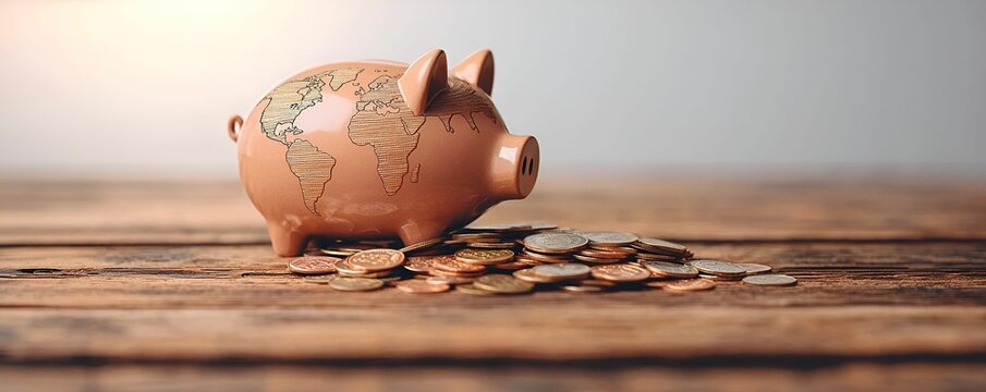 A piggy bank decorated with a world map sits on a wooden surface, surrounded by scattered coins, symbolizing savings and global finances.