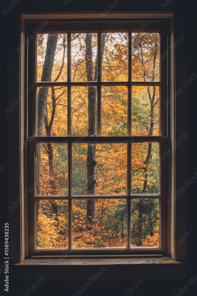 Poster view of autumn trees through a rustic window showcasing vibrant fall colors