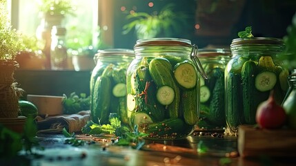 Fototapeta premium Homemade pickles in jars, filled with fresh cucumbers and spices, with a rustic background and bright lighting