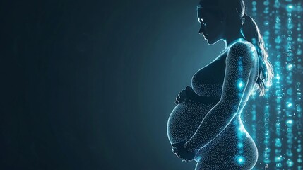 Naklejka premium A serene depiction of a pregnant woman with a glowing holographic overlay representing the genetic editing of her child for health optimization