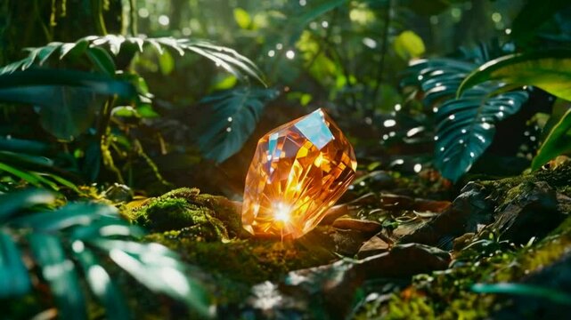 Glowing amber gemstone nestled in lush tropical foliage and mossy rocks.