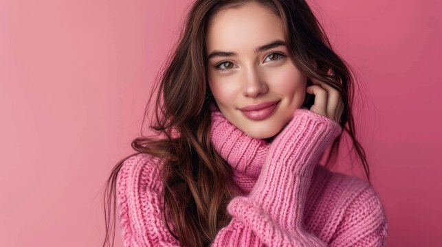 Portrait of a young and beautiful woman with long hair, wearing a pink warm sweater, smiling naturally with a cheerful expression, isolated against a plain background

