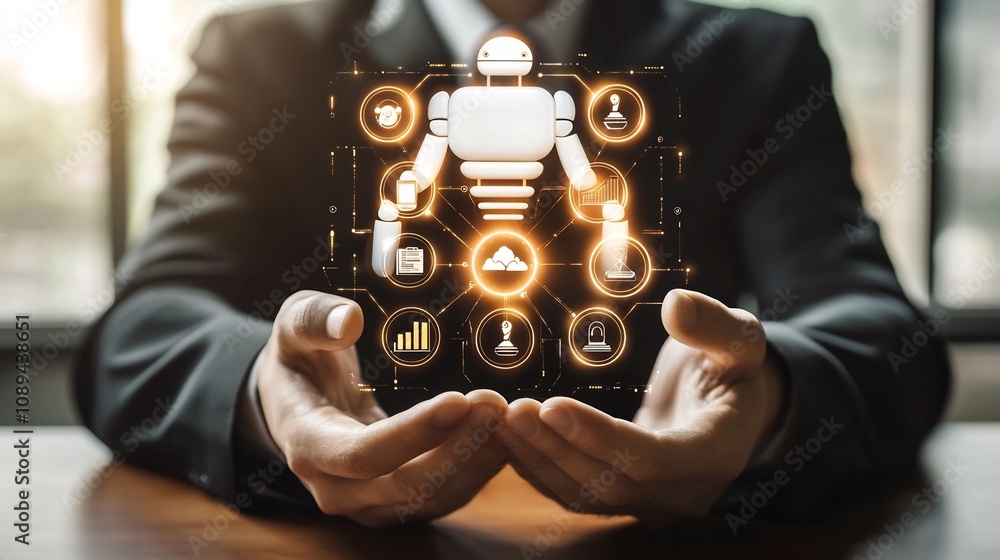 Poster a sophisticated futuristic holographic interface displayed in front of a professional man highlighti