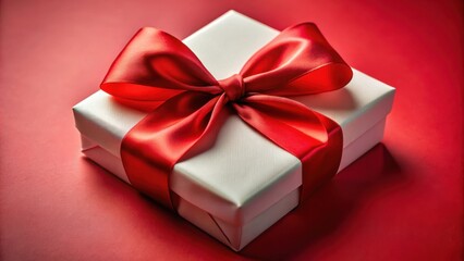 Obraz premium A white gift box adorned with a vibrant red ribbon, nestled against a crimson backdrop, awaits its moment to be unwrapped, symbolizing celebration, anticipation, and the joy of giving.