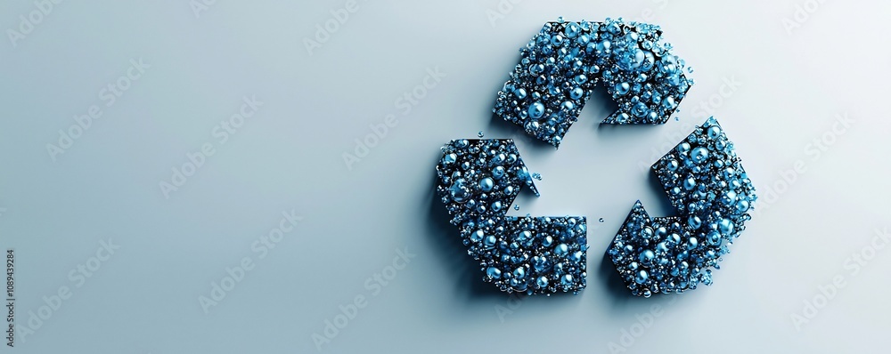 Poster a stylized and abstract recycling logo made up of shiny flowing water droplets creating a dynamic fr