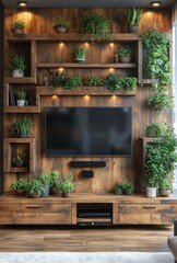 Rustic wooden entertainment center with integrated shelving and abundant potted plants.