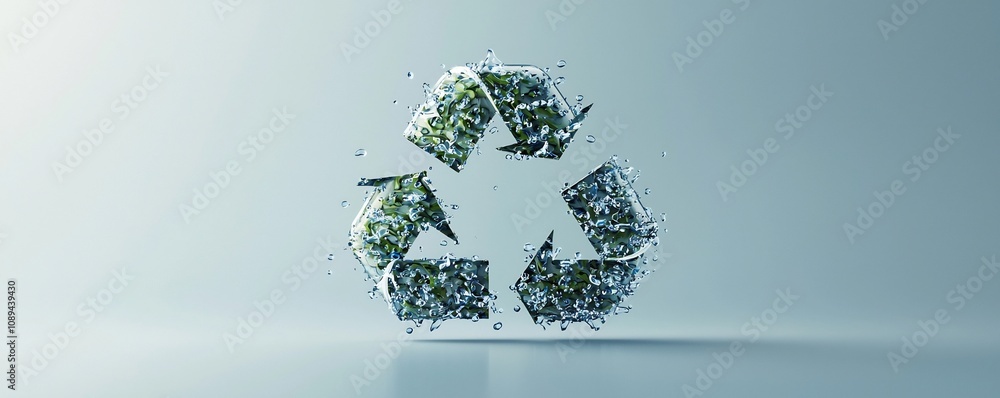 Poster a stylized recycling logo crafted from shiny water droplets creating a dynamic and fresh visual repr