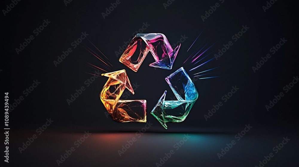 Poster a stylized recycling logo created with a colorful gradient glass material emanating luminous rays fr