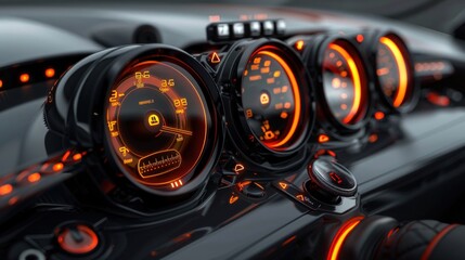 Illuminated car dashboard with speedometer, tachometer, and fuel gauge.