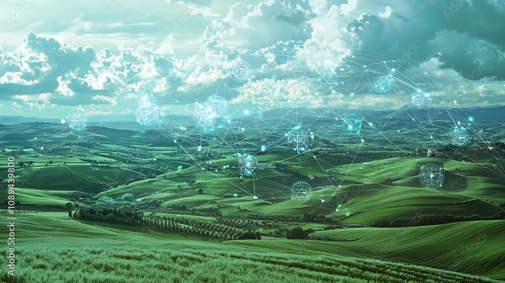 Poster a tranquil rural landscape is subtly imbued with hidden quantum nodes blurring the line between natu