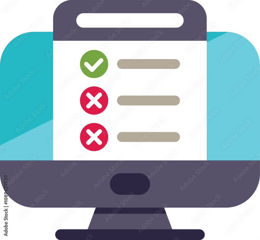Poster desktop computer screen showing checklist with check marks, symbolizing online survey, exam, or task