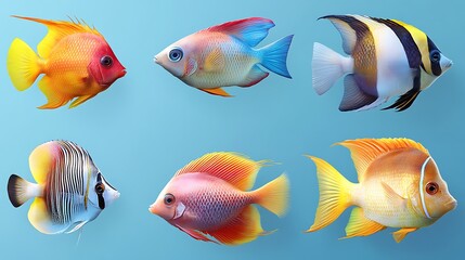 A photo realistic set of tropical fish in various