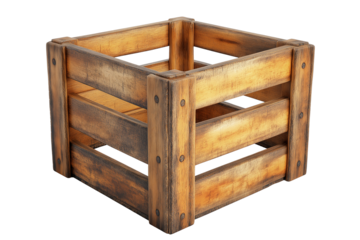Beer bottles in an old wooden box on white background