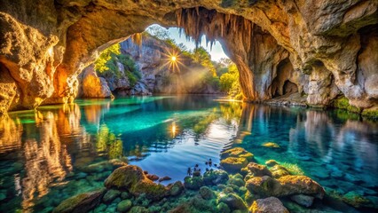 A tranquil grotto with crystal-clear water reflecting the light of the setting sun, representing the cave of the nymph Calypso