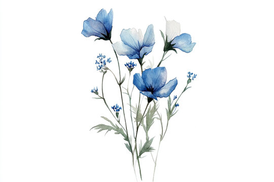 Fototapeta Watercolor, simple line drawing, clipart of small blue wildflowers in the shape of an elegant long stem with tiny flowers, soft watercolor isolated on a white background.