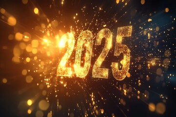 Glowing golden numbers "2025" in dark, illuminated against a black background, symbolizing the future or New Year countdown.