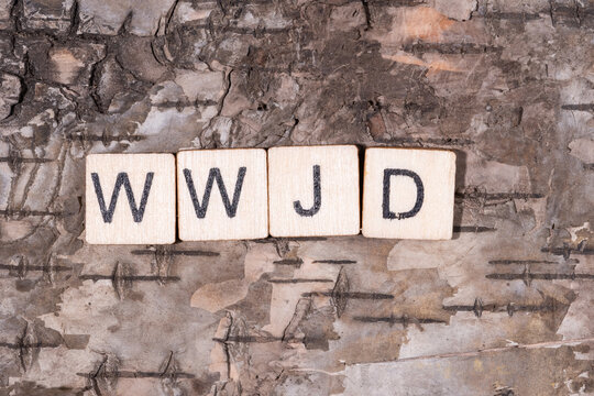 Christian religious background concept. WWJD (What Would Jesus Do) written with wooden block letters on natural wood bark background. 