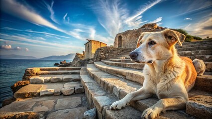 The faithful dog Argos lying on the steps of Odysseus' palace, eyes watching the distant sea, waiting for his master’s return