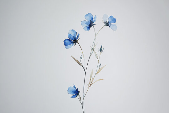 Watercolor, simple line drawing, clipart of small blue wildflowers in the shape of an elegant long stem with tiny flowers, soft watercolor isolated on a white background.