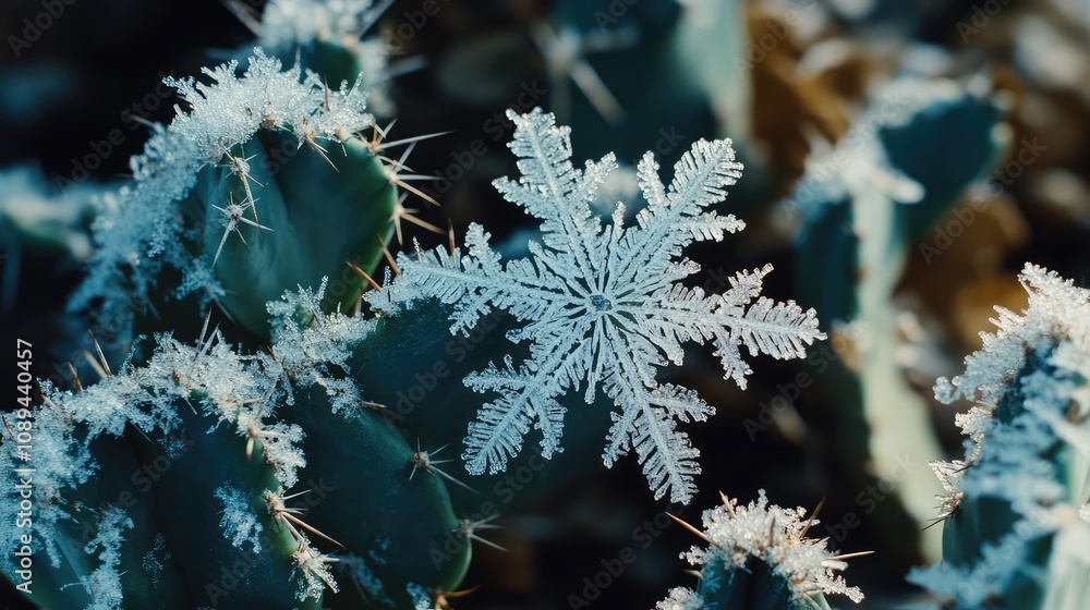 Poster close-up of snowflakes resting on the spines of desert cacti, creating a unique winter scene