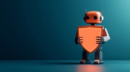 Obraz premium An robot holding a glowing orange and red metallic shield symbolizing automated protection and defense against cyber threats and digital security challenges of the future