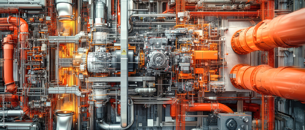Poster intricate mechanical design showcases advanced engineering with vibrant red and orange tones in a st